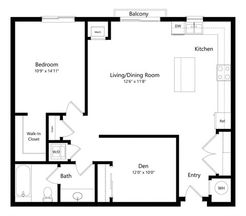 a 2D floorplan of the 1-bedroom Reuben with Den at The Conrad in Omaha, NE 68105